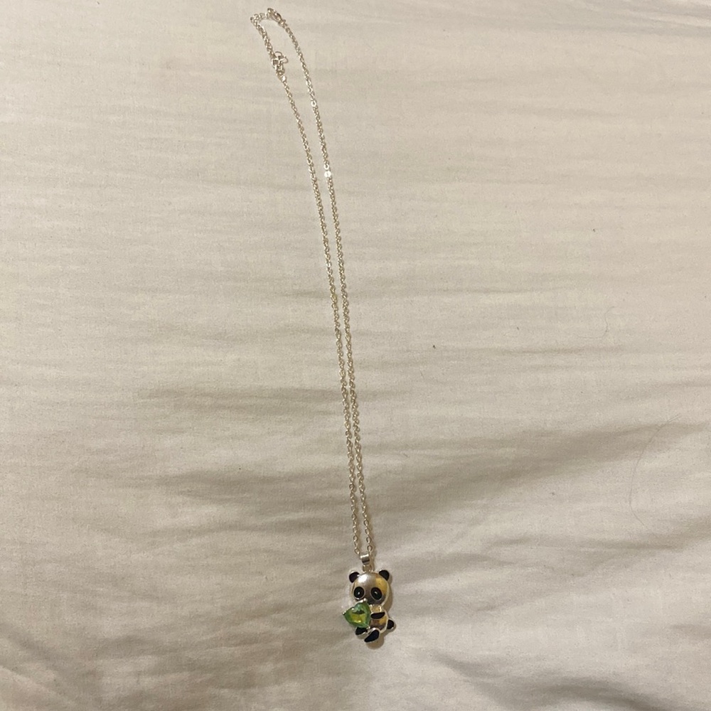 Cute panda holding green heart gem necklace!!